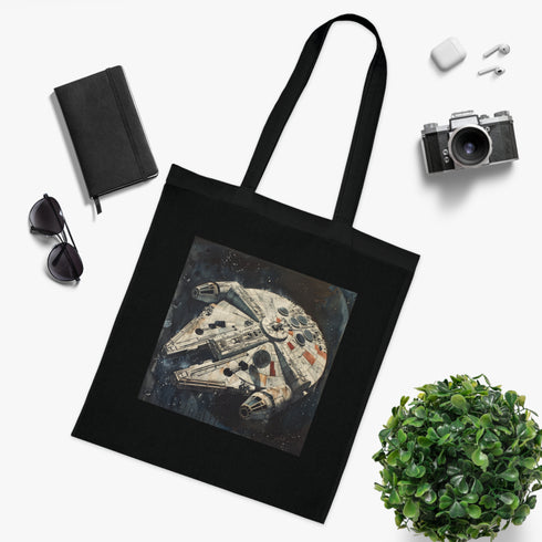 Stylish black cotton tote featuring iconic Millennium Falcon design.