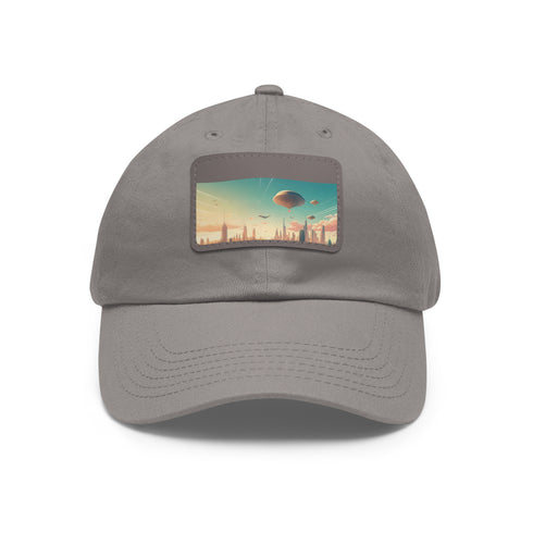 Urban skyline white cap with light brown patch, futuristic city design.