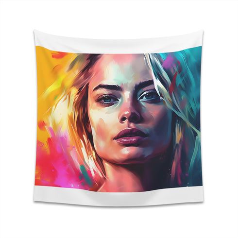 Neon Dream Margot Robbie Watercolor Tapestry: Hollywood glamour meets modern sophistication. Perfect statement piece for any room.