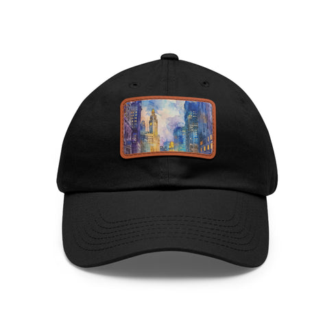 Chicago skyline watercolor baseball cap with white/light brown rectangle patch.