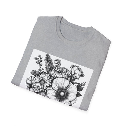 Hand-drawn floral crew neck t-shirt with vibrant botanical design in charcoal