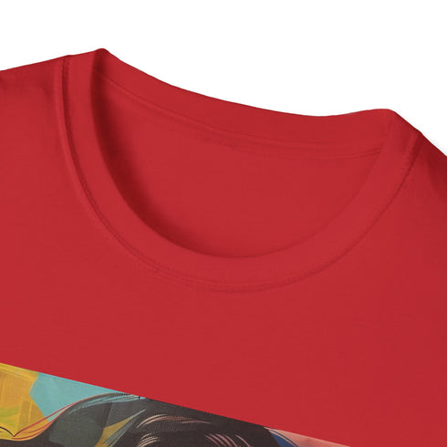 Charcoal cotton t-shirt with vibrant pop art portrait and crew neck design