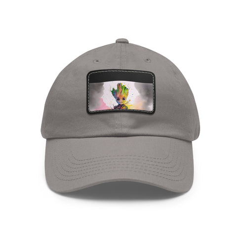 Neon watercolor Baby Groot cotton hat with light brown patch.