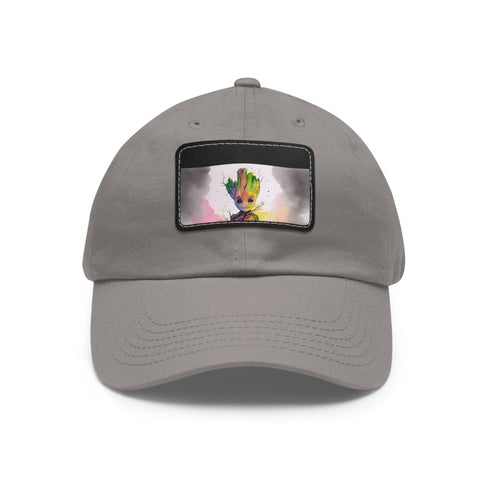 Neon watercolor Baby Groot baseball cap, white/light brown patch, rectangle.