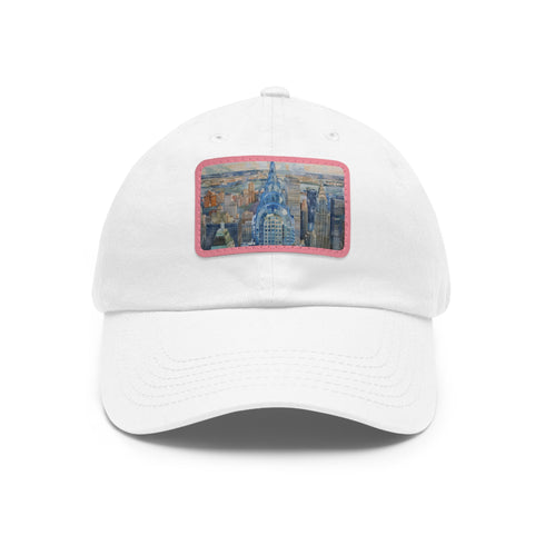 Chrysler Cityscape Watercolor Baseball Cap in White with Brown Patch.