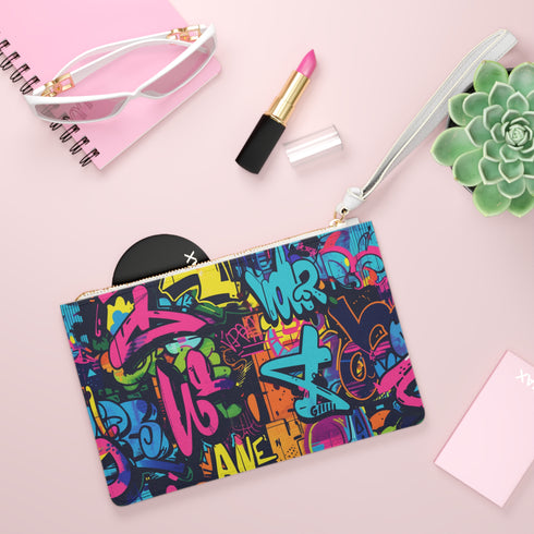 Vibrant neon graffiti print clutch, vegan fabric, made in USA.