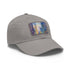 Chicago skyline watercolor baseball cap in white with light brown patch.