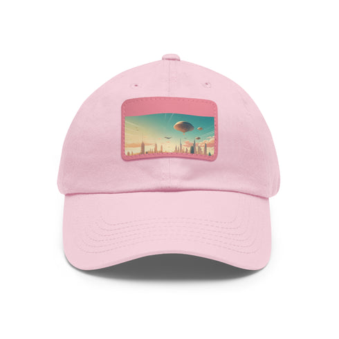 Future Skies Cap: Urban White hat with flying city skyline design.