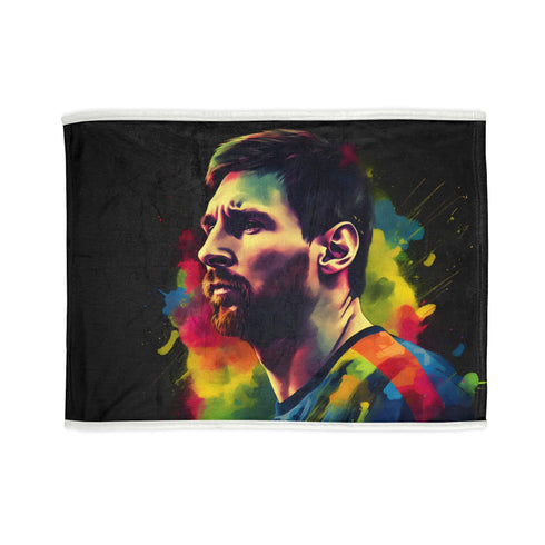 Watercolor tribute Lionel Messi blanket in vibrant neon hues for relaxation.