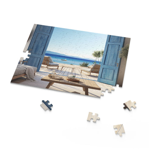 Blue wooden window puzzle with 120 pieces, seaside villa scene.