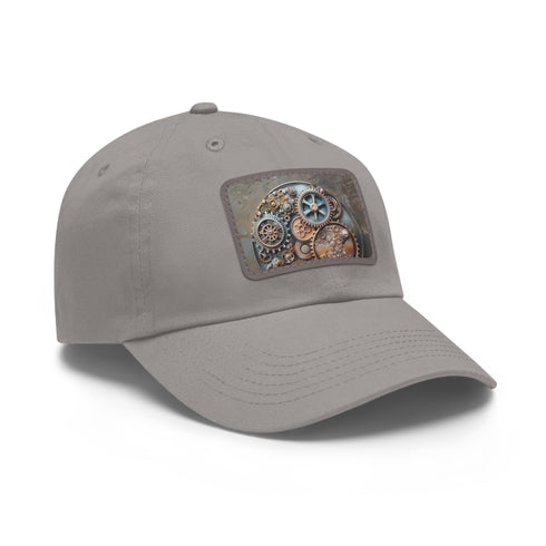 Steampunk gear-adorned white baseball cap with light brown patch.
