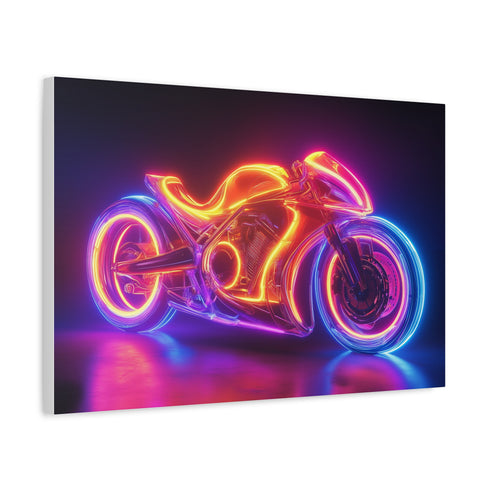 Retro Motorcycle with Neon Trail Stretched Canvas Wall Art