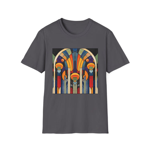 Abstract art deco charcoal t-shirt with geometric patterns and crew neck