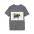 Charcoal cotton t-shirt with vibrant bumblebee watercolor design and crew neck