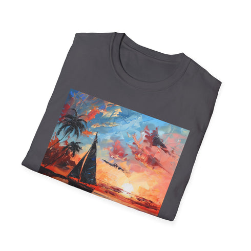 Charcoal cotton T-shirt featuring Boracay sunset graphic in vibrant summer colors