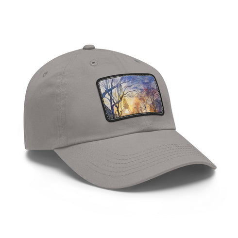 White Eiffel Tower baseball cap with watercolor Parisian design.