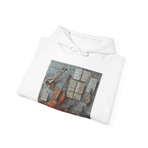 Nature-inspired navy hoodie featuring musical notes and nature imagery.