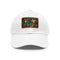 Stylish white baseball cap with light brown patch and isomorphic design.