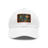 Stylish white baseball cap with light brown patch and isomorphic design.