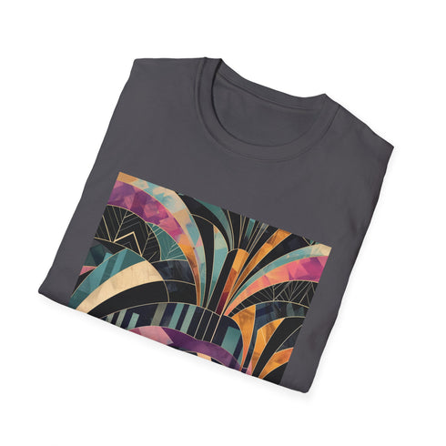 Charcoal art deco patterned cotton t-shirt with crew neck and retro charm