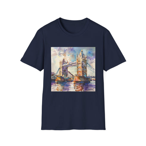 Charcoal cotton t-shirt with vibrant Tower Bridge watercolor design