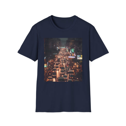 Charcoal cotton crew neck T-shirt with vibrant neon cityscape design