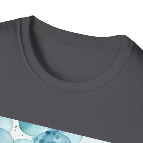Hypnotic azure watercolor eyes pattern on charcoal cotton crew neck t-shirt