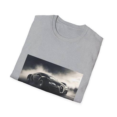 Charcoal cotton T-shirt with vibrant racing Bugatti graphic capturing high-speed adventure