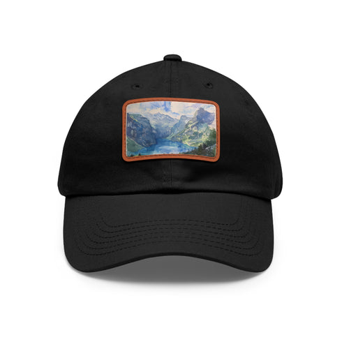 Swiss Alps watercolor baseball cap in white with light brown patch.