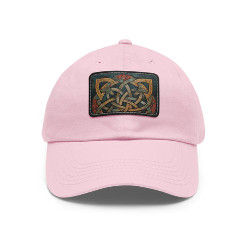 Elegant Celtic knot design white hat with light brown patch.