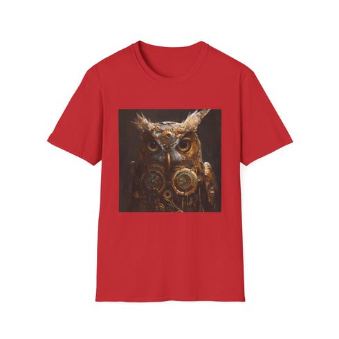 Charcoal cotton t-shirt featuring intricate steampunk owl with gears and cogs