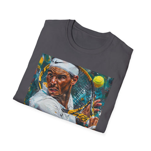 Charcoal cotton T-shirt with vibrant Nadal tennis painting design