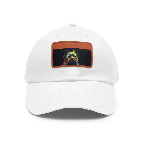 Adorable Yorkshire Terrier embroidered white baseball cap with light brown patch.