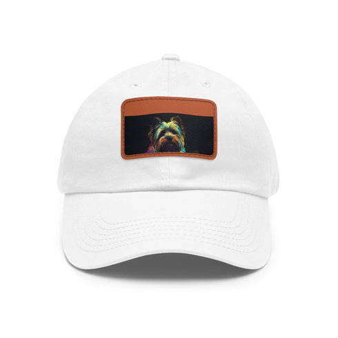 Adorable Yorkshire Terrier embroidered white baseball cap with light brown patch.