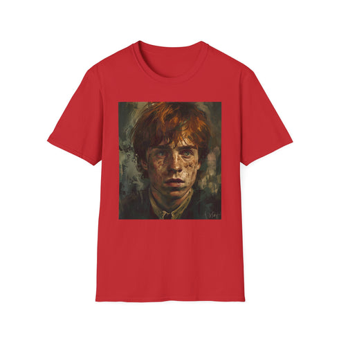 Charcoal cotton T-shirt featuring Ron Weasley portrait evokes magical Hogwarts adventures