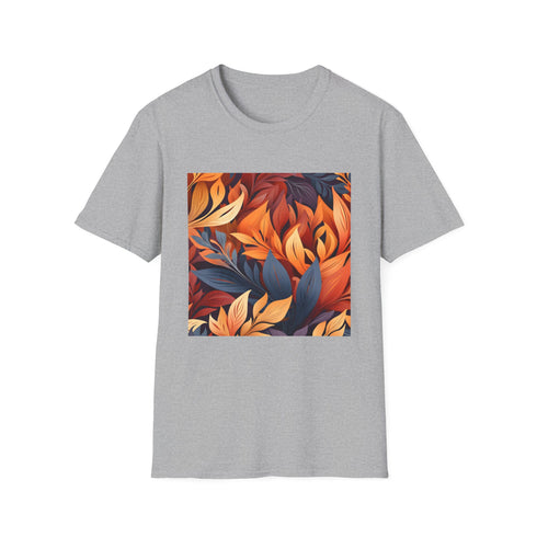 Charcoal Autumn tapestry T-shirt with vibrant nature-inspired design and autumn hues