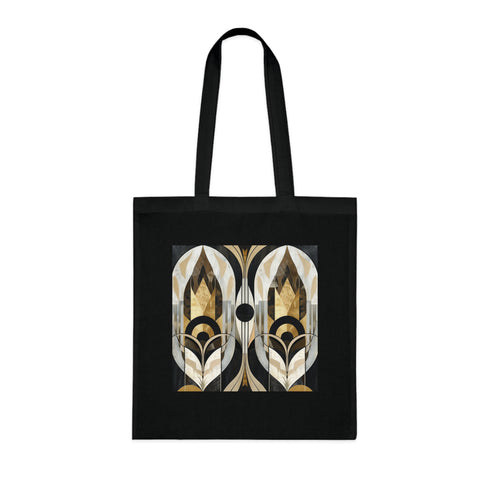 Vintage abstract art deco black cotton tote bag with geometric patterns.