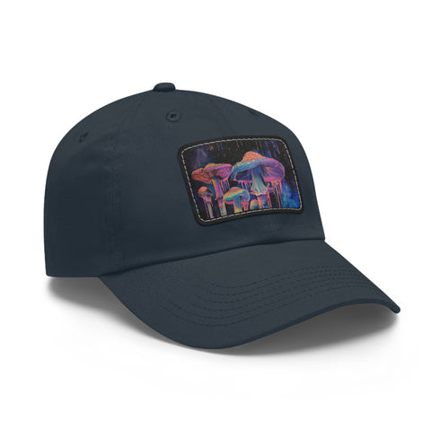 Psychedelic Mushroom Trucker Hat in White and Light Brown Rectangle Patch.