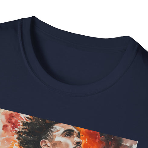 Charcoal cotton t-shirt with watercolor portrait of Trae Young in summer style