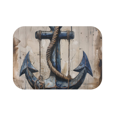 Nautical-inspired bath mat with anchor and rope design for bathroom decor.