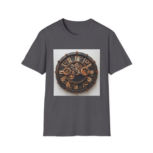 Steampunk charcoal t-shirt with intricate clockwork design and crew neck