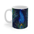 "Vibrant blue peacock feather ceramic coffee mug for elegant mornings."