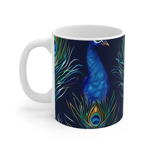 "Vibrant blue peacock feather ceramic mug for coffee lovers."