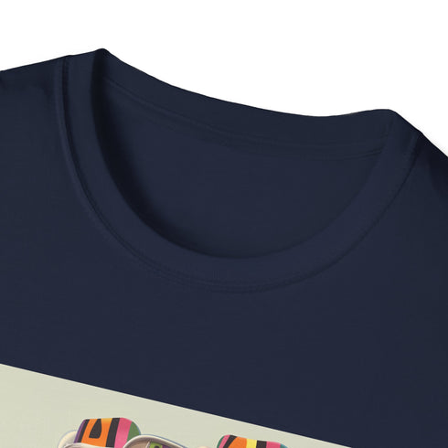 Roller skate retro t-shirt in charcoal with colorful stripes.