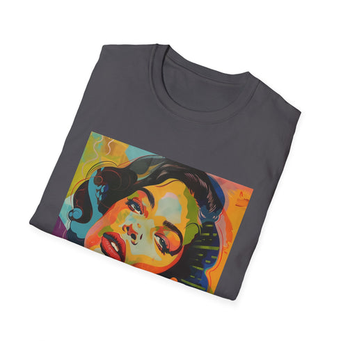 Gray pop art portrait t-shirt with colorful design soft cotton crew neck