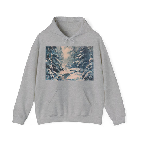 Winter Serene Hoodie in Navy, Regular fit, Unisex, Snow-covered landscape design.