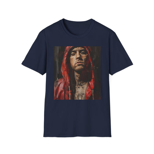 Charcoal cotton T-shirt with vibrant Eminem portrait and bold brushstrokes