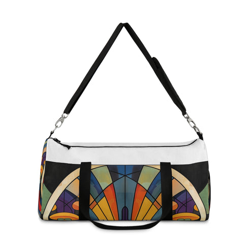 Art Deco inspired colorful duffel bag with roaring '20s patterns.
