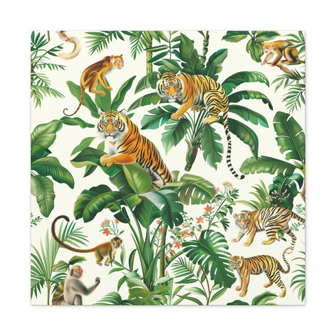 Tiger jungle canvas print with seamless patterns and majestic tigers.