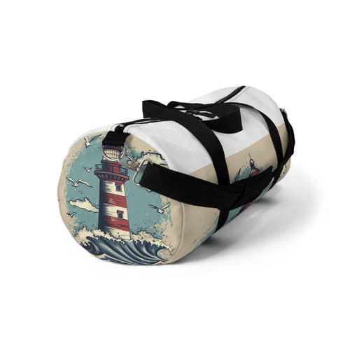 Coastal lighthouse and waves print small duffel bag, made in the USA.